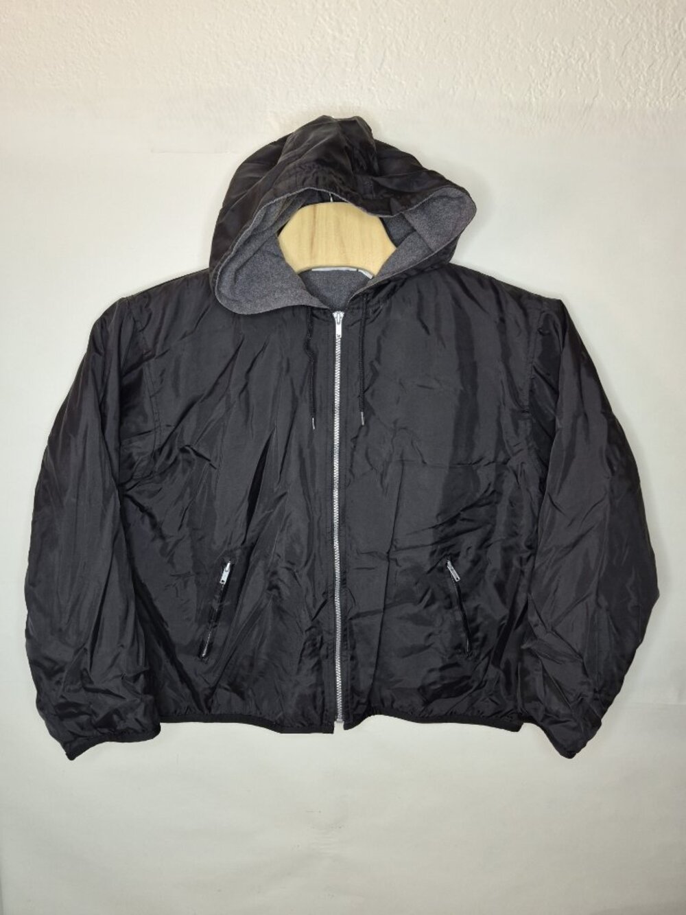 Arizona Jean Co Men XL Black Hooded Nylon Fleece Lined Bomber Windbreaker Jacket